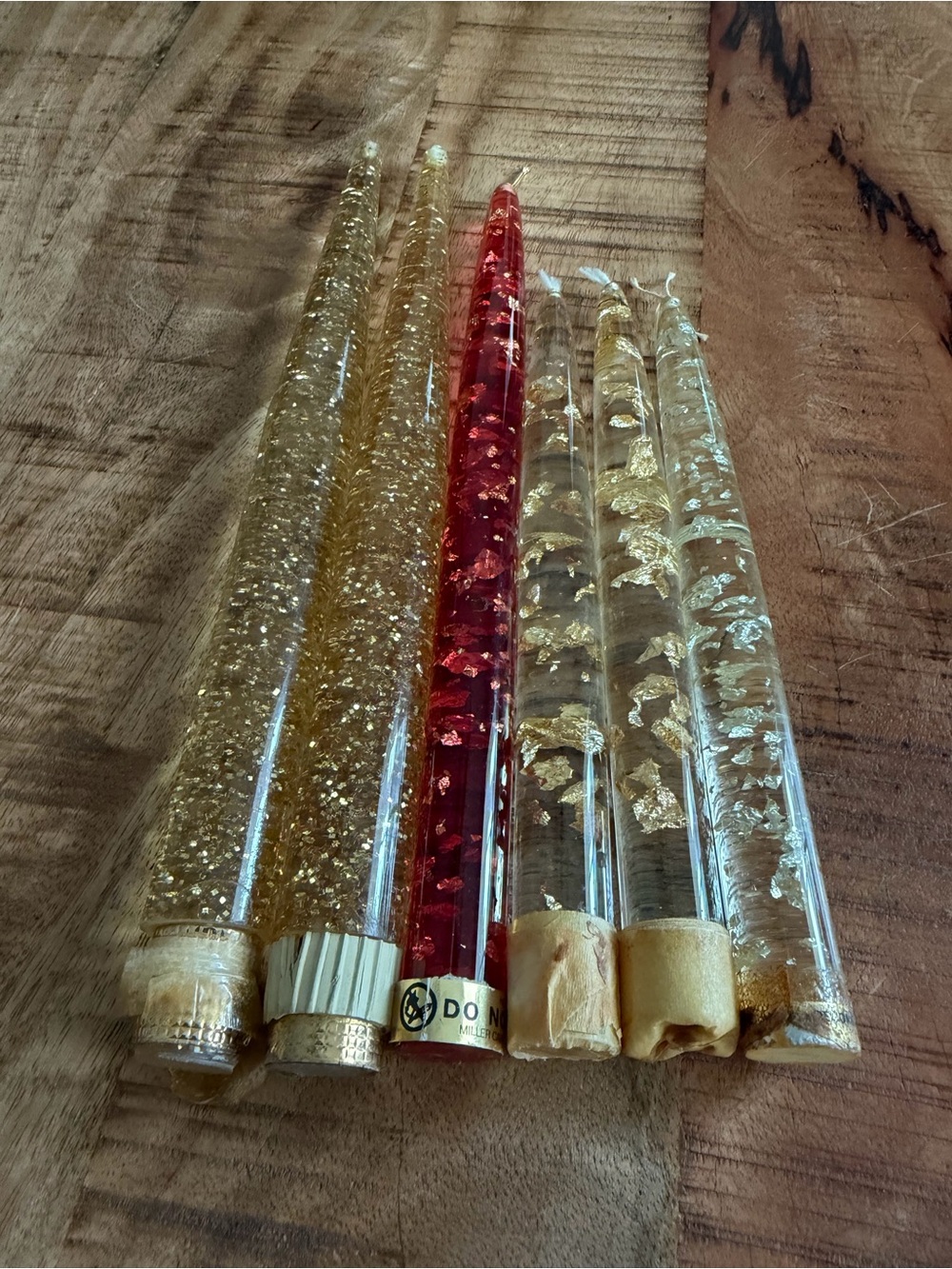 6 VINTAGE Gold Red Clear Lucite Candles Candlesticks